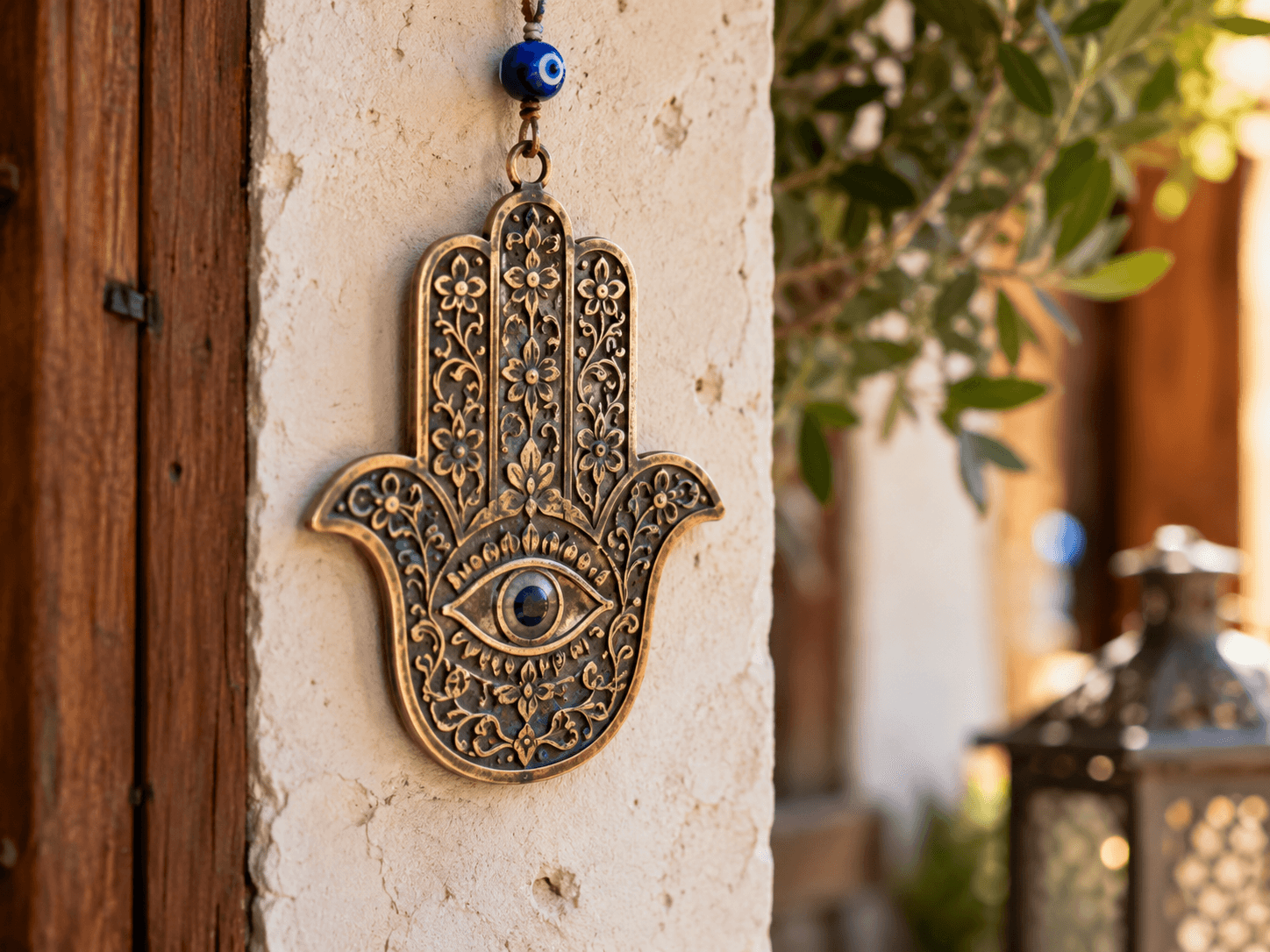 Brass Hamsa hand charm displayed in a warm Mediterranean setting