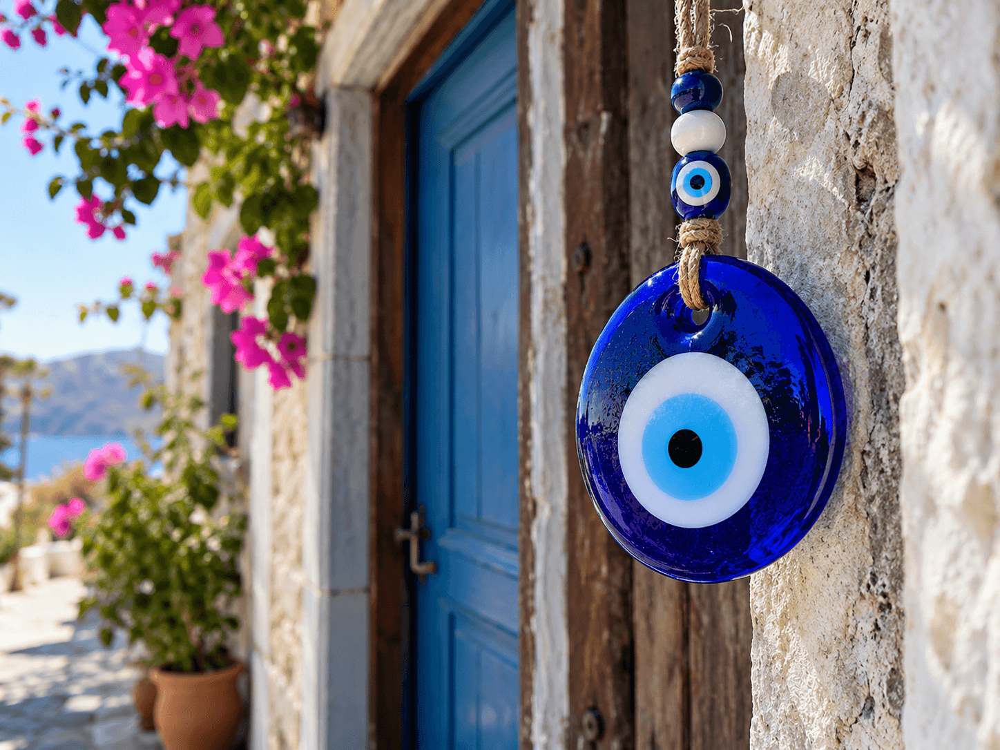 Blue evil eye charm hanging beside a Mediterranean doorway