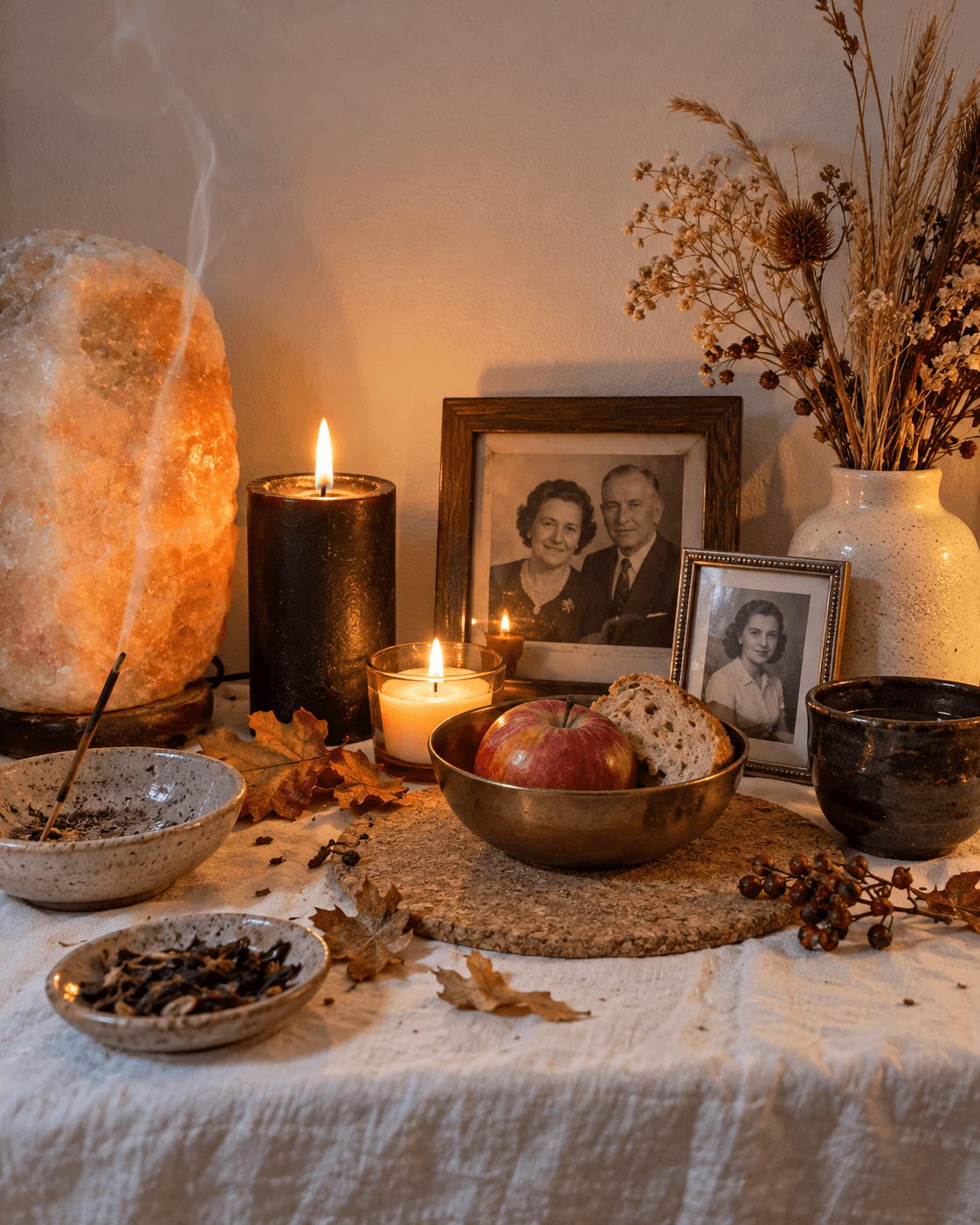 Samhain ancestor altar with family photographs, candles, apple, bread and autumn leaves