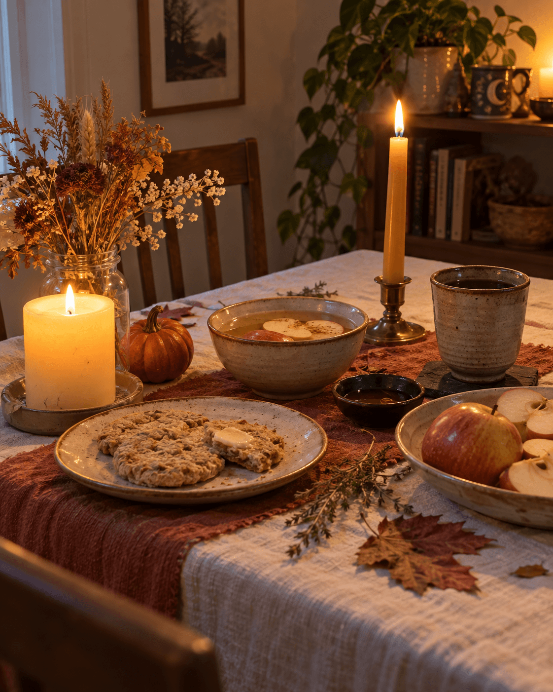 Candlelit Samhain table with apples, autumn leaves, candles and seasonal offerings in a cosy home setting