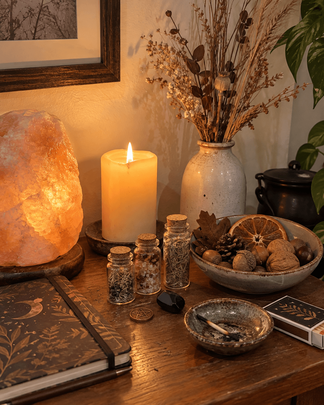 Warm Samhain altar with a candle, autumn offerings, herbs and a ritual journal