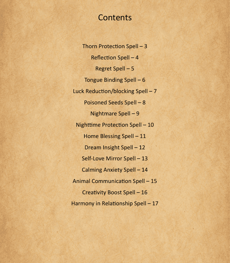 15 Essential Spells contents preview page 1